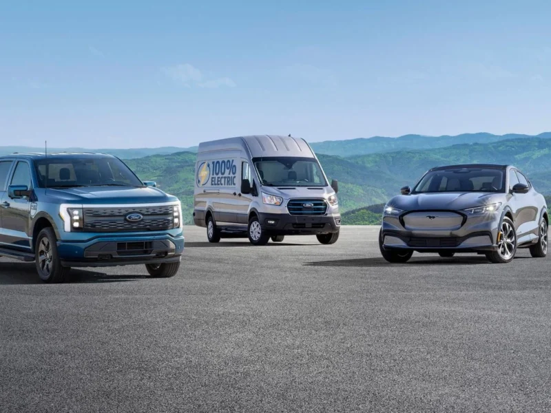 from left ford f 150 lightning ford e transit and ford mustang mach e
